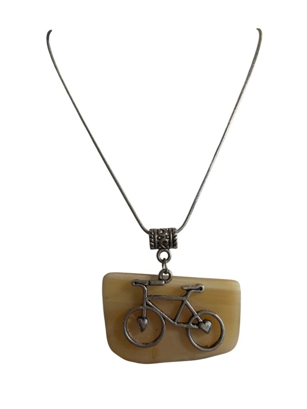 Bicycle Pendant Necklace Silver Tone Snake Chain Stone Cycling Charm 18"